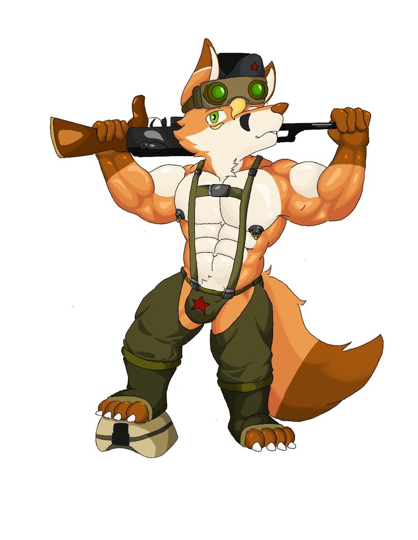 army_uniform barazoku black_nipples gun male nipple_piercing nipples piercing ranged_weapon solo weapon akat/starfox akat canid canine fox mammal hi_res