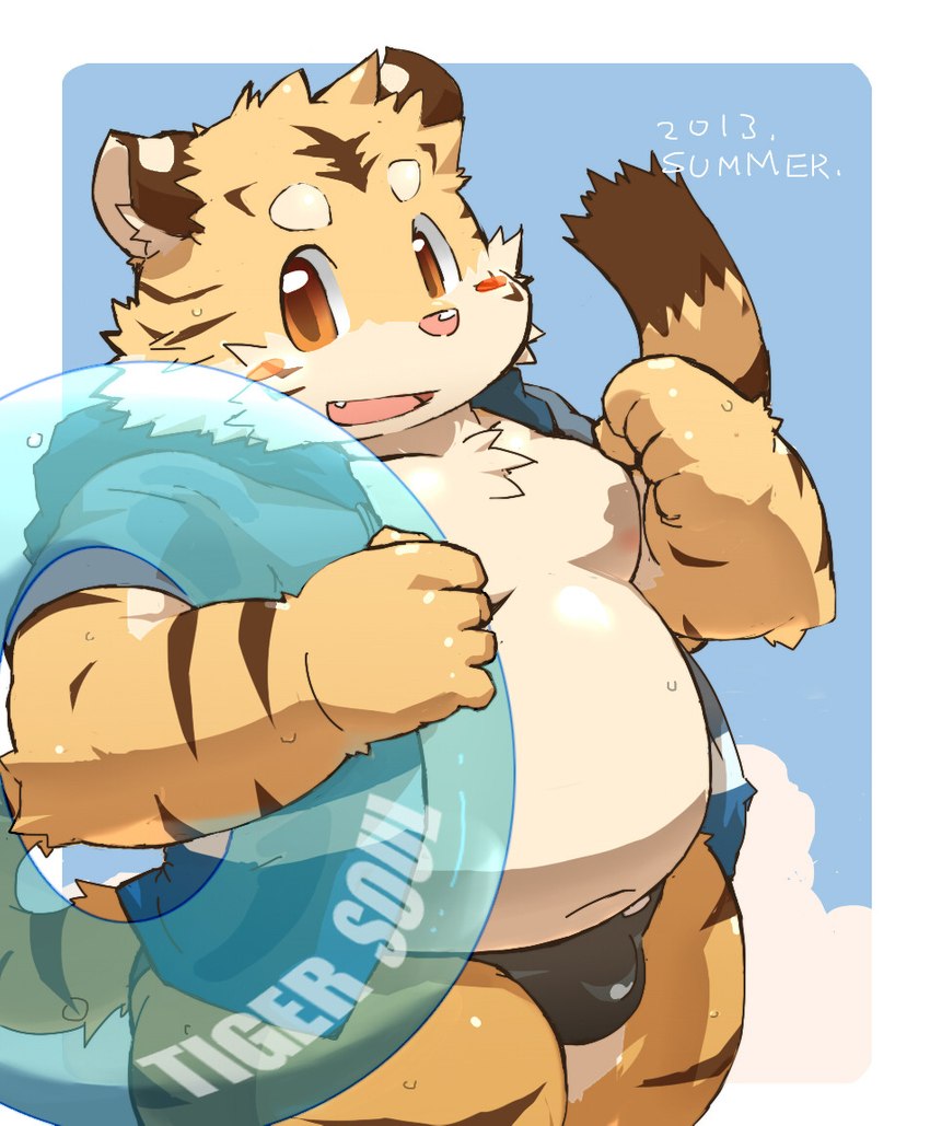 anthro belly big_belly blush bulge clothed clothing hoodie humanoid_hands kemono male moobs navel open_clothing open_hoodie open_topwear overweight overweight_male pink_nose solo swimwear topwear young young_anthro kisukemk777 felid mammal pantherine tiger 2013 unavailable_at_source