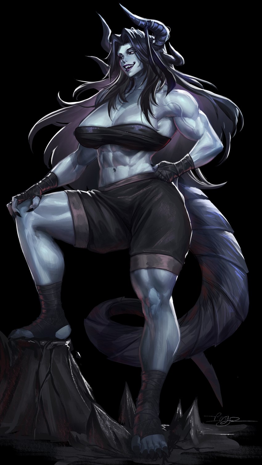 abs bandeau biceps black_hair black_sclera bottomwear breasts clothing deltoids feet female foot_wraps hair hand_wraps horn midriff muscular muscular_female navel not_furry quads shorts solo tail topwear vein wraps virgoart demon humanoid 2023 absurd_res hi_res