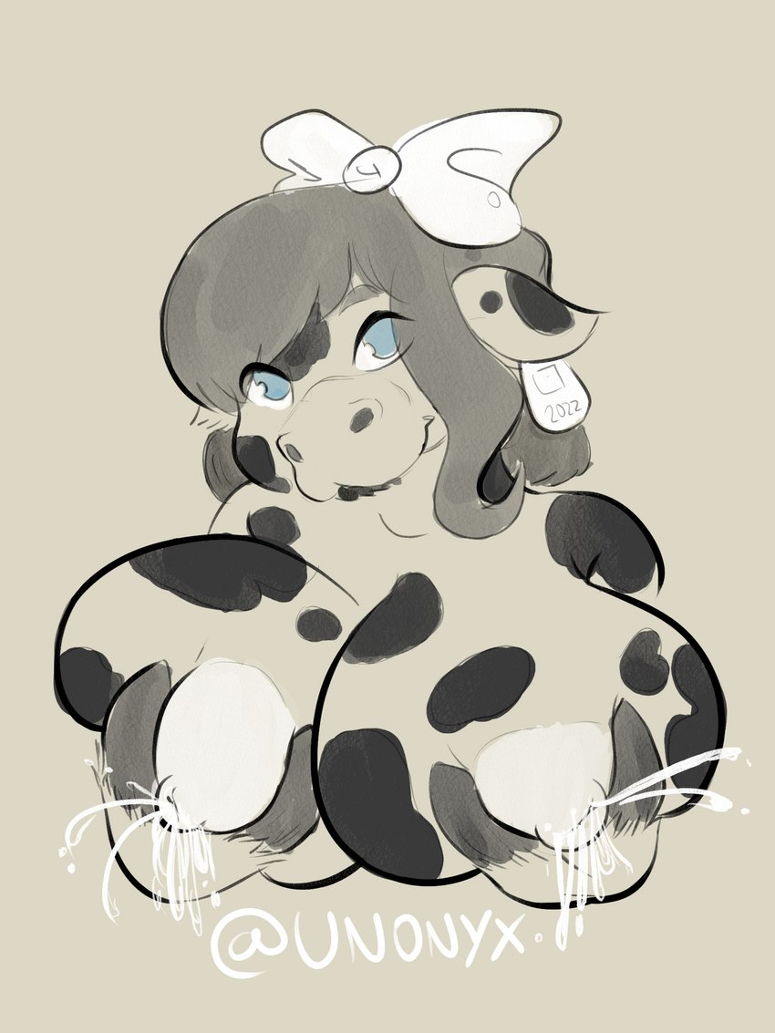 animal_print anthro big_breasts blue_eyes bodily_fluids breast_grab breast_milking breasts cow_print ear_piercing female fondling hand_on_breast hooves huge_breasts lactating milk piercing self_fondle solo unonyx bovid bovine cattle mammal 3:4 absurd_res hi_res