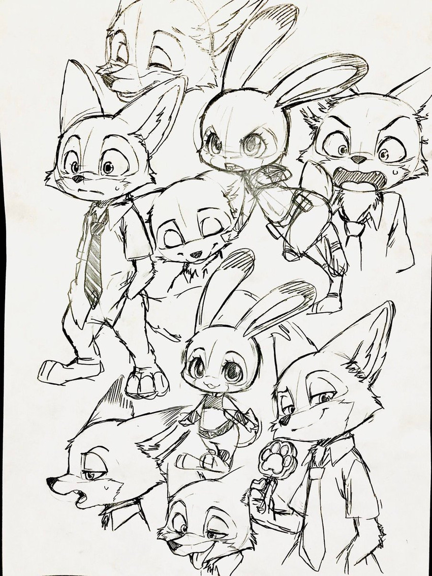 anthro bottomwear clothed clothing duo eyes_closed female food fully_clothed fur holding_food holding_object male necktie open_mouth pants pawpsicle popsicle shirt simple_background standing tongue tongue_out topwear white_background dogear218 disney zootopia judy_hopps nick_wilde canid canine fox lagomorph leporid mammal rabbit red_fox true_fox 3:4 hi_res monochrome sketch