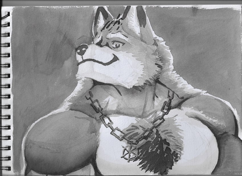 anthro barazoku body_hair chest_hair collar male multicolored_body muscular muscular_anthro muscular_male smile smiling_at_viewer solo two_tone_body pinumontbalou knights_college diederich_olsen canid canine canis mammal wolf absurd_res hi_res monochrome traditional_media_(artwork)