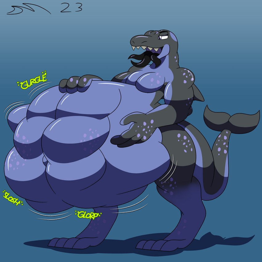 belly big_belly black_tentacles black_tongue grey_body grey_skin male oral_vore purple_body purple_eyes purple_skin purple_underbelly solo squirming tentacle_tongue tentacles tongue vore dirtymac carpet_shark fish marine shark whale_shark 1:1 absurd_res hi_res