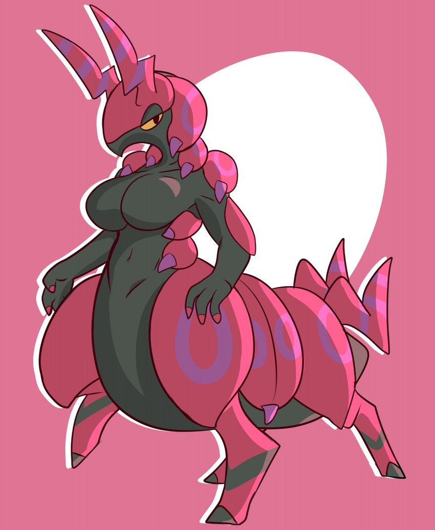 big_breasts black_body black_eyes breasts featureless_breasts female navel pink_background pink_body simple_background solo white_background yellow_sclera dima_(artist) nintendo pokemon arthropod arthropod_taur generation_5_pokemon myriapod myriapod_taur pokemon_(species) pokemon_taur scolipede taur hi_res