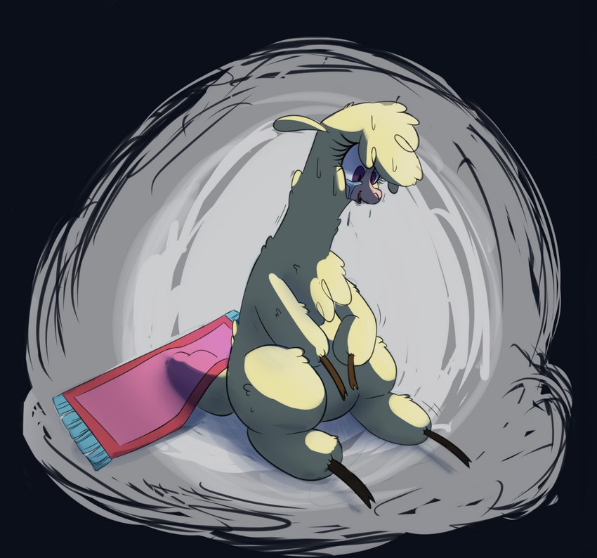 bodily_fluids crying female feral fur hunched_over rag smile solo tears wool_(fur) hitsuji them's_fightin'_herds paprika_paca_(tfh) alpaca camelid mammal 2021 digital_media_(artwork)