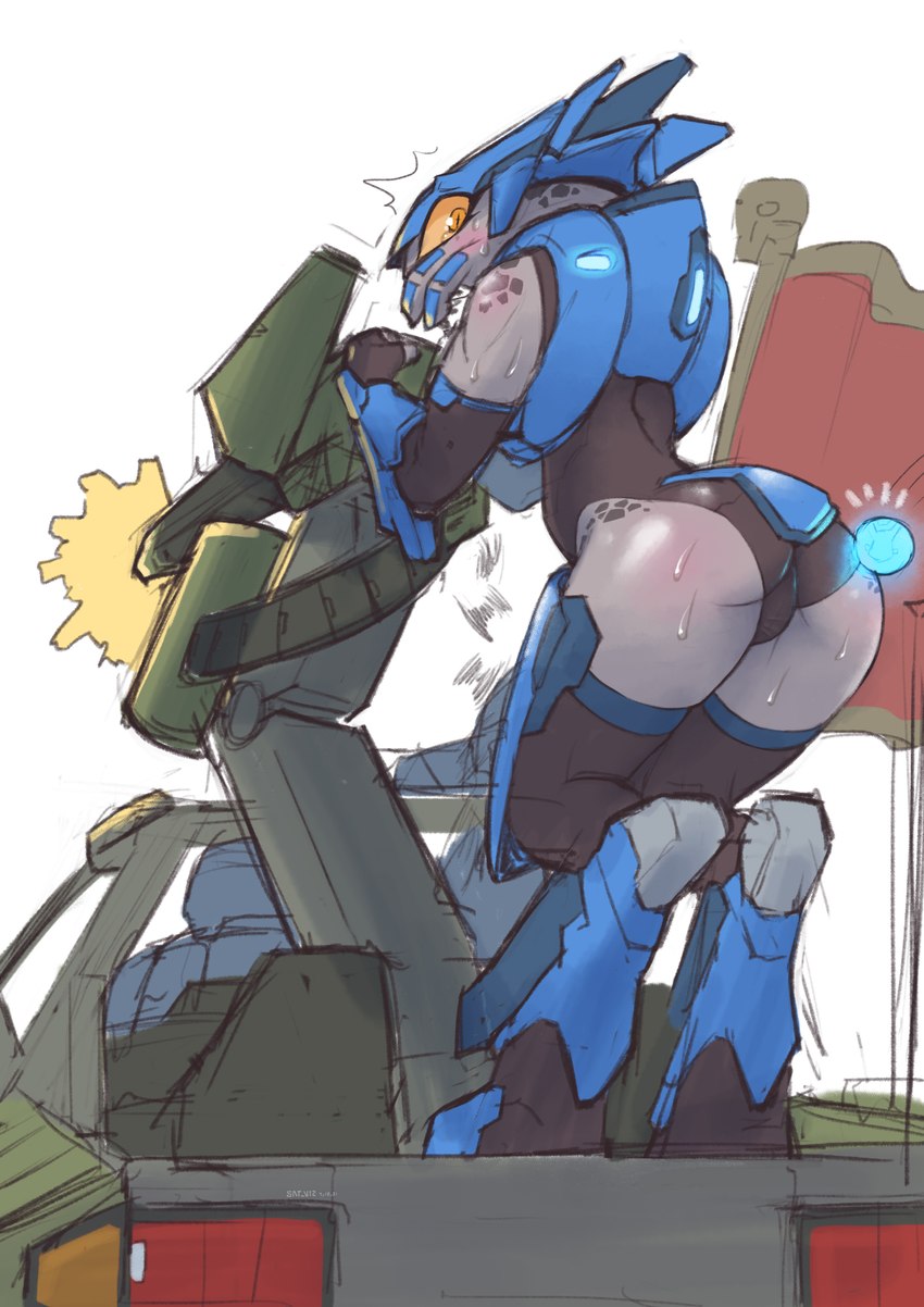 ambiguous_gender armor blush bodily_fluids butt butt_pose camel_toe clothed clothing digitigrade explosives flag flag_(object) flag_on_vehicle grenade grey_body grey_skin gun legwear leotard looking_back machine pose ranged_weapon rear_view scared shooting_gun skimpy solo surprise sweat thigh_highs truck turret unconvincing_armor vehicle warthog_vehicle_(halo) weapon sat_v12 halo_(series) microsoft xbox_game_studios alien sangheili scalie 2021 hi_res