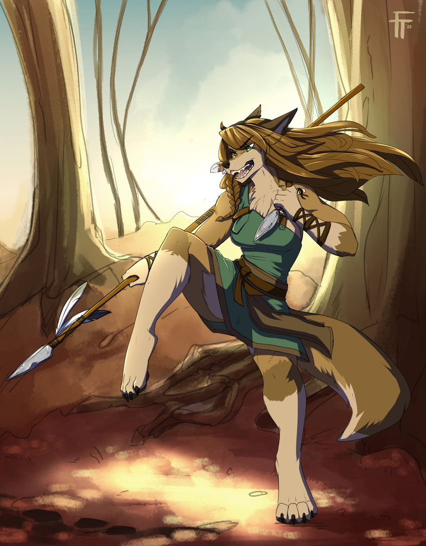 4_toes 5_fingers anthro breasts brown_hair clothed clothing day detailed_background eyebrows eyelashes feet female fingers forest hair outside plant toes tree firetally tala_(abananaman) canid canine canis mammal wolf 2020 absurd_res digital_media_(artwork) hi_res