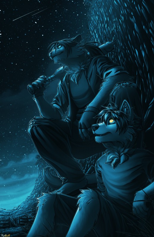 anthro barefoot bat_(object) clothed clothing detailed_background duo ear_piercing feet green_eyes male male_anthro nailed_bat outside pale_eyes piercing shooting_star toes yellow_eyes conditional_dnp ratte legacy_(ratte) riv_(ratte) xhias akita akita_inu canid canine canis domestic_dog faraden long-tailed_weasel mammal mustelid musteline new_faraden spitz true_musteline weasel 2019 digital_media_(artwork) hi_res story story_in_description