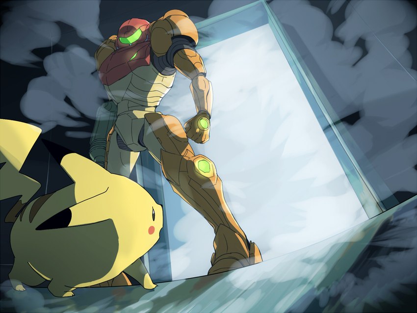arm_cannon armor door duo dutch_angle eye_contact female feral fog headgear helmet looking_at_another power_suit varia_suit visor walk-in gabu_kichi metroid nintendo pokemon super_smash_bros. samus_aran generation_1_pokemon human mammal pikachu pokemon_(species)