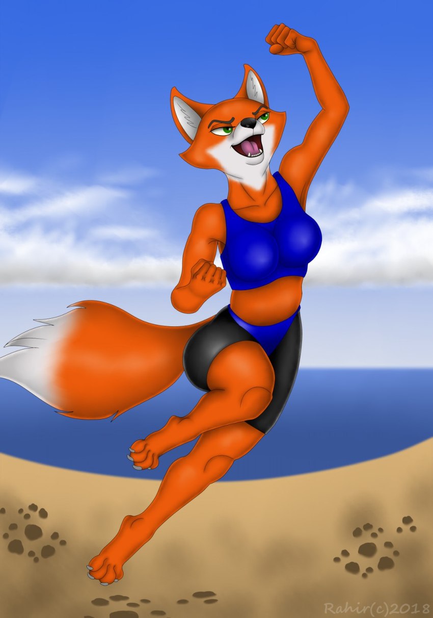 4_toes anthro beach big_tail black_bottomwear black_clothing black_shorts blue_bra blue_clothing blue_sports_bra blue_underwear bottomwear bra claws clothing eyebrows fangs feet female fist_pump green_eyes humanoid_feet inner_ear_fluff jumping open_mouth orange_body plantigrade shorts solo sports_bra tail teeth toe_claws toes tuft underwear rahir brutal_paws_of_fury foxy_roxy canid canine fox mammal 2018 hi_res