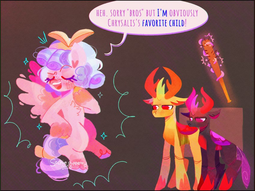 apology baseball_bat bat_(object) dialogue female feral glowing group highlighted_text horn insincere_apology levitation male name_drop name_in_dialogue text text_emphasis trio wings sockiepuppetry friendship_is_magic hasbro my_little_pony mythology cozy_glow_(mlp) pharynx_(mlp) thorax_(mlp) arthropod changeling equid equine mammal mythological_creature mythological_equine pegasus reformed_changeling english_text hi_res brother_(lore) brothers_(lore) sibling_(lore)