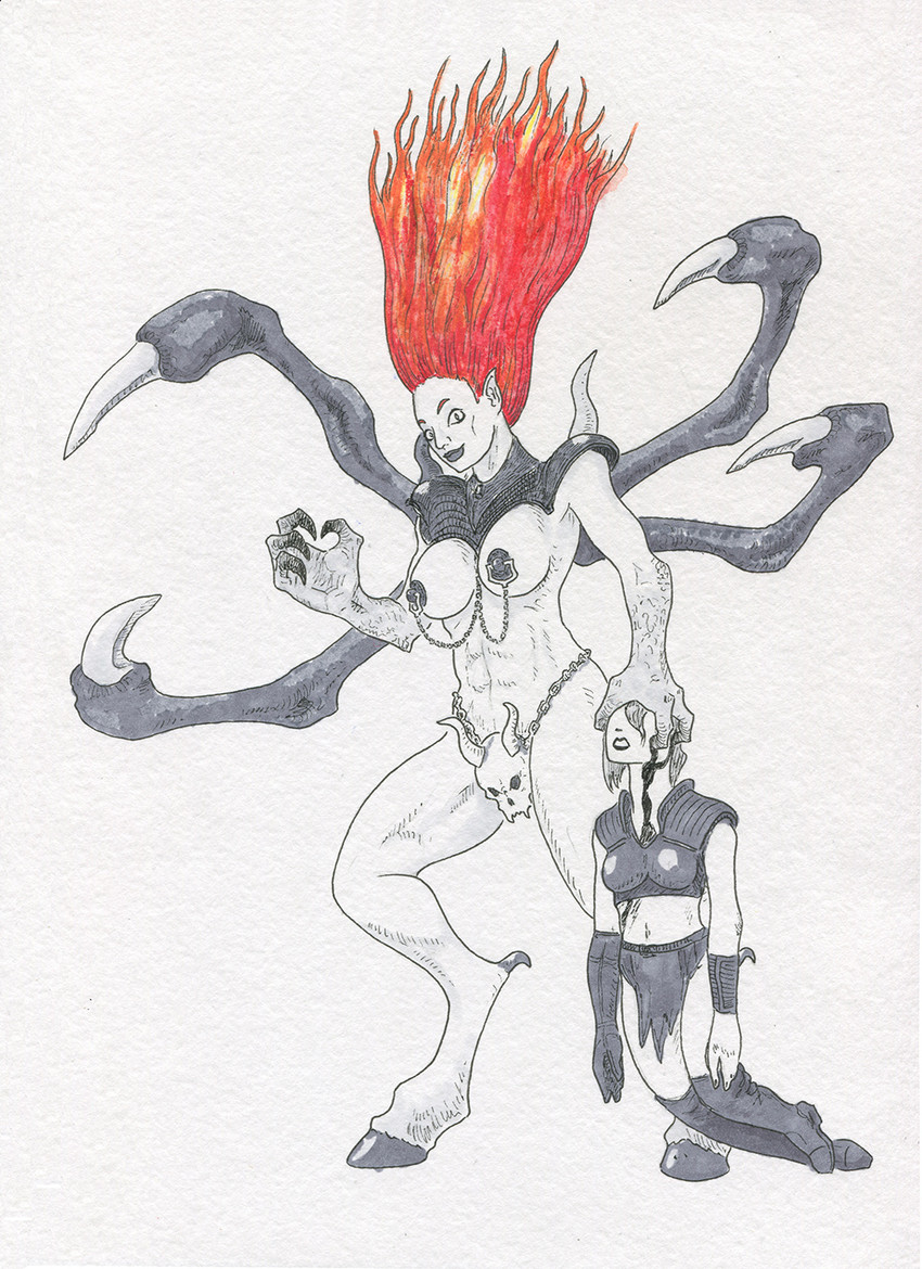 abs anthro armor athletic athletic_female breasts clothed clothing death duo female hooves impalement linked_nipples linked_piercing nipple_piercing nipples nipples_to_collar piercing simple_background unconvincing_armor unguligrade adeptus-monitus blizzard_entertainment diablo_2 andariel demon human mammal hi_res traditional_media_(artwork)