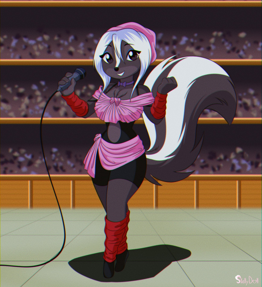 anthro audience clothed clothing cosplay electronics female fur group hair holding_object large_group microphone solo_focus standing white_body white_fur white_hair skelly_doll yu_yu_hakusho diana_rayablanca juri_(yu_yu_hakusho) mammal mephitid skunk 2021 hi_res signature