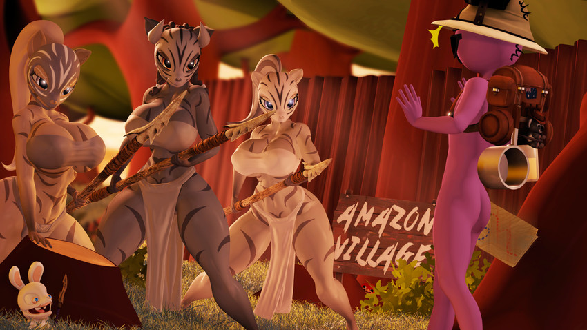 amazon amazonian anthro big_breasts bottomwear breasts butt cleavage clothed clothing female group holding_object holding_weapon loincloth markings mask melee_weapon polearm sex skull_mask spear tribal tribal_markings vaginal weapon wide_hips indigosfm hasbro my_little_pony raving_rabbids rayman_(series) ubisoft equid equine lagomorph mammal rabbid zebra 16:9 3d_(artwork) 4k absurd_res digital_media_(artwork) hi_res source_filmmaker_(artwork) widescreen