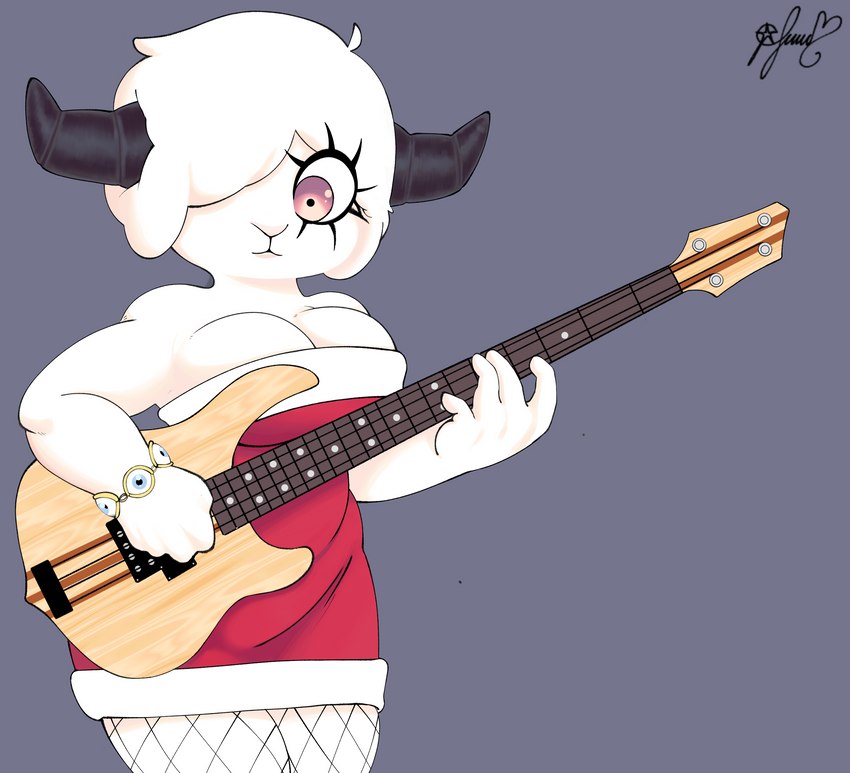 anthro bass_guitar big_breasts bracelet breasts clothing dress female fishnet_clothing fishnet_legwear guitar hair horn jewelry legwear musical_instrument plucked_string_instrument short_hair slightly_chubby smile solo string_instrument panthera_cantus romina_(panthera_cantus) bovid caprine goat mammal absurd_res hi_res