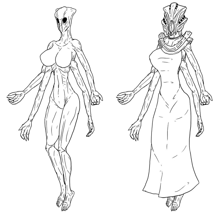 4_arms 4_fingers 5_toes armor bare_arms barefoot big_breasts black_eyes breasts clothing dress featureless_breasts featureless_crotch feet female fingers headgear helmet mouthless multi_arm multi_limb navel noseless nude robe slim solo toes methados x-com alien ethereal_(x-com) humanoid 2013 line_art monochrome