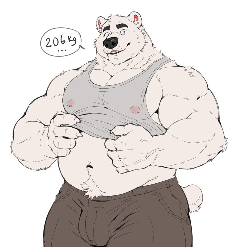 anthro barazoku belly_peeking_out biceps big_bulge bottomwear bulge clothing fur male male_anthro musclegut muscular muscular_anthro muscular_male navel nipple_outline pants shirt simple_background solo stated_weight tail tank_top topwear white_background meocondainhan bear mammal polar_bear ursine digital_drawing_(artwork) digital_media_(artwork) hi_res portrait three-quarter_portrait