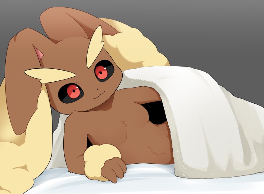 anthro bedding black_sclera blanket breasts brown_body brown_ears brown_fur eyebrows female fingers fur iris pupils red_eyes solo yellow_body yellow_ears yellow_fur sum nintendo pokemon generation_4_pokemon lopunny pokemon_(species) 2024 hi_res