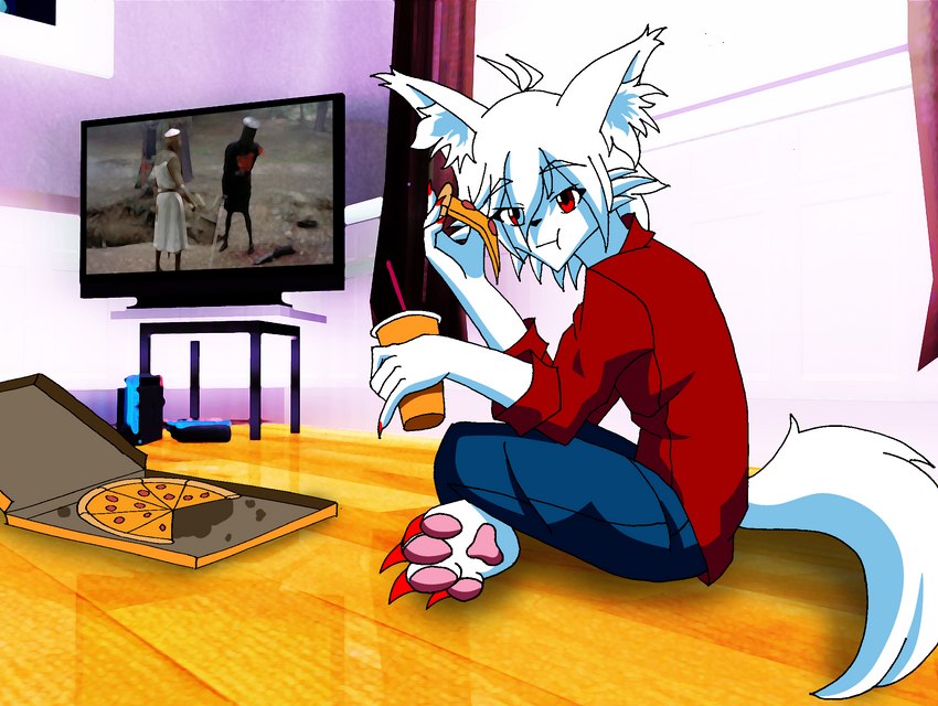 anthro beverage bottomwear claws clothed clothing container denim denim_bottomwear denim_clothing eating electronics food fur great_helm hair inner_ear_fluff jeans looking_at_viewer male pants pizza pizza_box red_claws red_eyes shirt sitting sitting_on_ground solo television topwear tuft white_body white_fur white_hair nikku_lunatique just_a_flesh_wound monty_python monty_python_and_the_holy_grail nintendo nintendo_switch black_knight_(monty_python) king_arthur_(monty_python) nikku_lunatique_(character) canid canine canis fox mammal hi_res meme