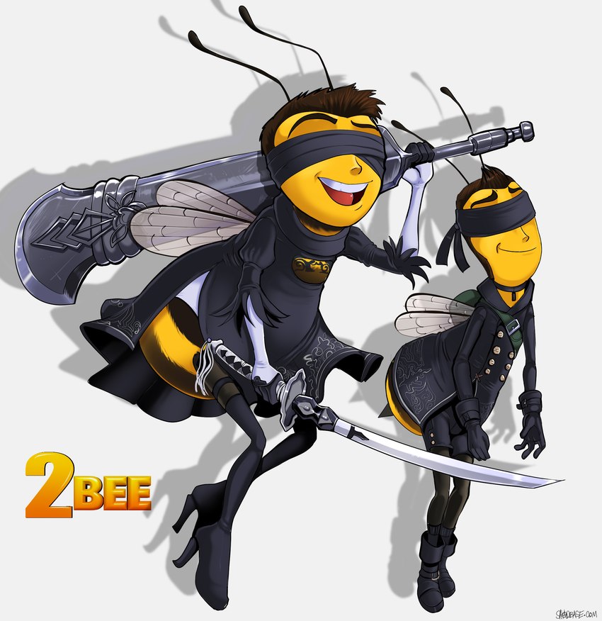 antennae_(anatomy) anthro blindfold clothed clothing cosplay crossdressing duo footwear high_heels holding_melee_weapon holding_object holding_sword holding_weapon humor insect_wings male melee_weapon open_mouth open_smile pun shoes simple_background smile stinger sword text weapon white_background wings yellow_body yellow_skin shadman bee_movie dreamworks nier_automata paramount_pictures platinumgames adam_flayman barry_b._benson yorha_2b yorha_9s arthropod bee hymenopteran insect 2017 absurd_res english_text hi_res meme