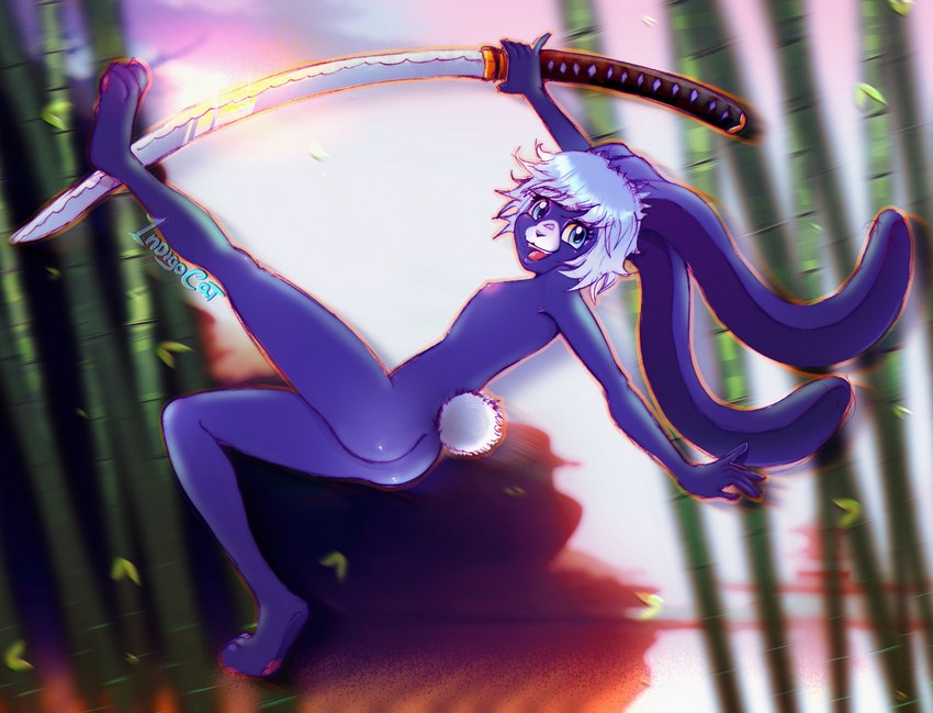 anime_eyes anime_style anthro bamboo biped blue_body blue_eyes blue_fur breasts butt female fighting_pose fur hair japanese japanese_sword jumping katana long_ears long_legs melee_weapon nipples nude open_mouth outside paws pose small_breasts smile smiling_at_viewer solo sword tail_fluff weapon white_hair young young_female 1ndigocat fan_character hare lagomorph leporid mammal rabbit 2023 digital_media_(artwork) full-length_portrait hi_res portrait