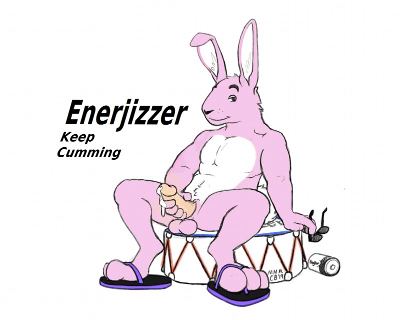 anthro balls bodily_fluids cum genital_fluids male mascot masturbation penile penile_masturbation solo why cirrus_blackpaw_(artist) energizer energizer_bunny lagomorph mammal absurd_res hi_res