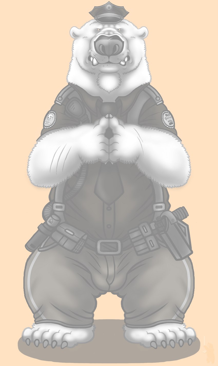 anthro balls_outline bottomwear bulge clothing detailed_bulge genital_outline humanoid_hands male necktie pants penis_outline police police_hat police_officer police_uniform shirt simple_background solo topwear uniform dakota-bear bear mammal 2017 absurd_res archived_source hi_res