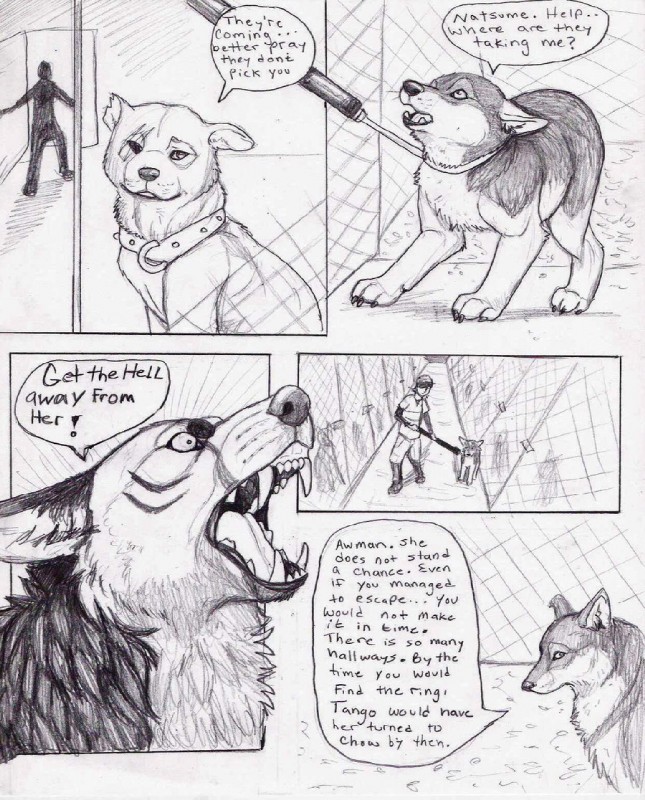 ambiguous_gender dialogue digitigrade feral fur group male quadruped text natsumewolf rikku wolf's_rain wolf's_rain_next_generation coop_(wrng) natsume_(wrng) oz_(wrng) canid canine canis human mammal wolf comic english_text graphite_(artwork) greyscale monochrome traditional_media_(artwork)