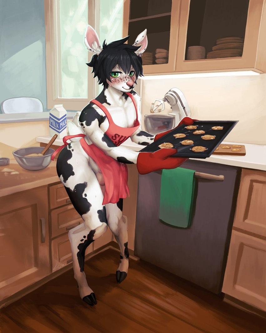 anthro apron apron_only baking balls black_body black_fur black_hair black_hooves blush bodily_fluids clothed clothing cookie cooking cum cum_in_clothing cum_on_clothing cum_on_food cum_through_clothing detailed_background ear_piercing erection erection_under_clothing femboy food food_fetish food_play freckles fur genital_fluids genitals green_eyes hair handwear hooves kitchen kitchen_utensils knock-kneed male milk mostly_nude mottled mottled_body mottled_fur nipples oven_mitts piercing pink_nipples pink_nose smile solo sweat tenting text text_on_apron text_on_clothing thick_thighs tools wet wet_clothing white_body white_fur wide_hips mabiwabi sue_lee deer mammal hi_res