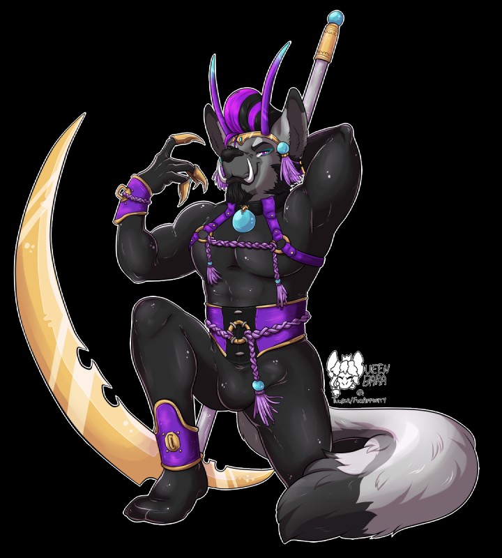 anthro bulge clothed clothing collar footwear gloves grin hair handwear holding_object holding_weapon latex legwear male muscular muscular_anthro muscular_male pose simple_background skinsuit smile solo tight_clothing weapon queenbara koamaro canid canine canis mammal wolf 2019 alpha_channel digital_media_(artwork) hi_res