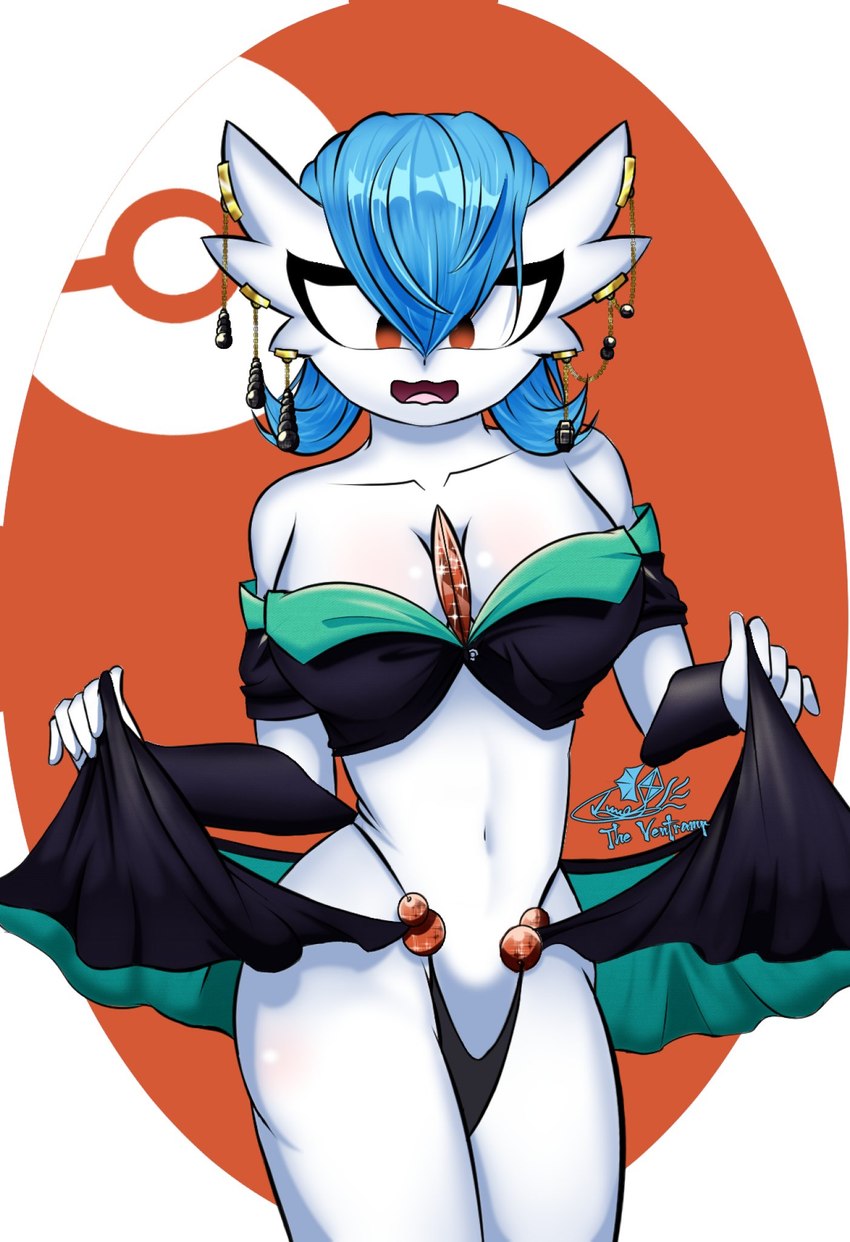 :s blue_hair breasts clothed clothing ear_piercing ear_ring female hair holding_clothing holding_object jewelry navel not_furry open_mouth orange_eyes piercing pokeball_symbol ring_piercing simple_background skimpy solo the_ventramp nintendo pokemon gardevoir generation_3_pokemon humanoid pokemon_(species) shiny_pokemon 2021 hi_res signature