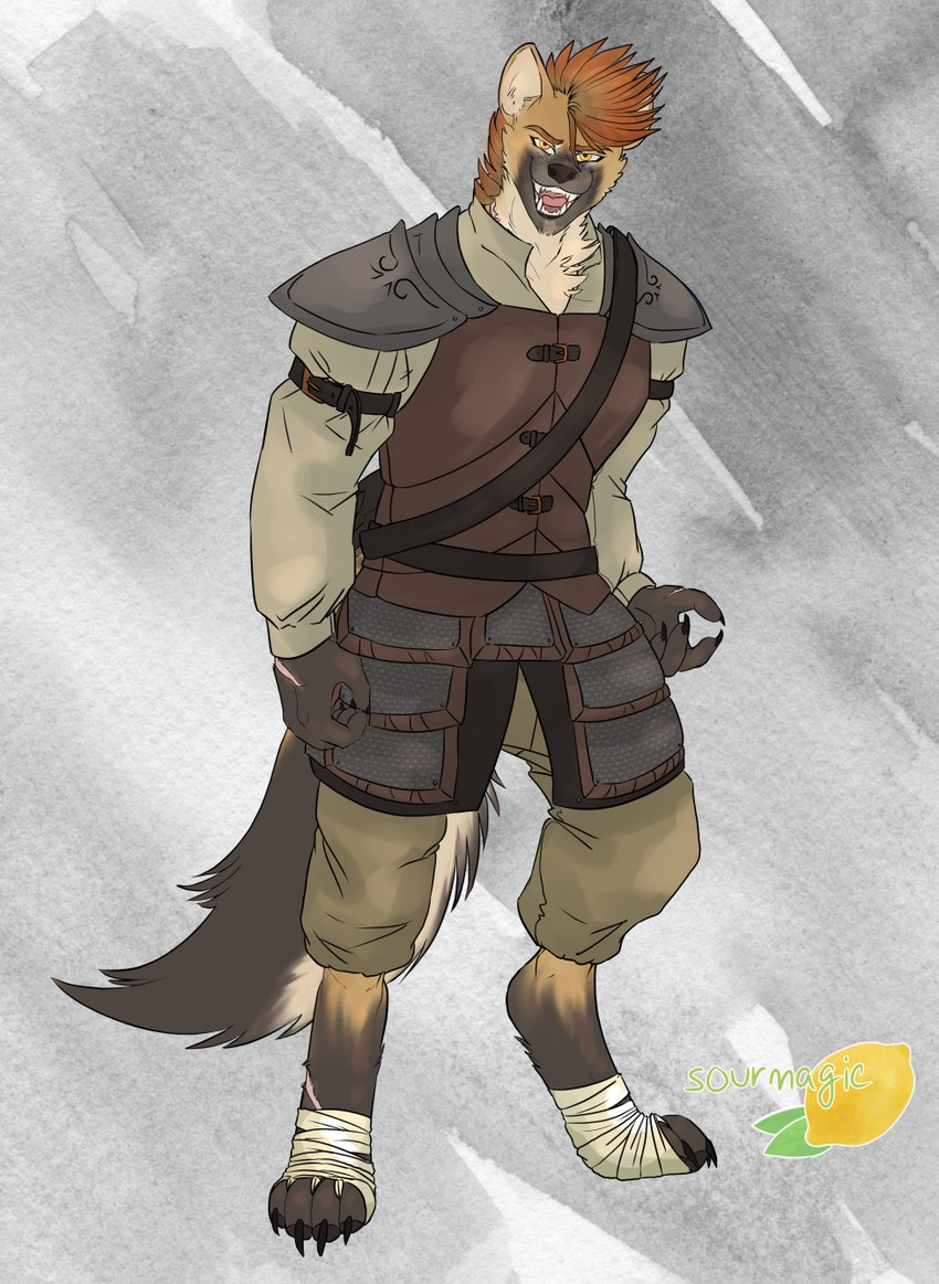 anthro armor belt bottomwear breastplate claws clothing fluffy fluffy_tail greying_hair hair leather light_armor male medieval medieval_clothing mohawk orange_hair pants pawpads paws scar shirt smile solo tail teeth topwear warrior wraps yellow_eyes sourmagic hyena mammal hi_res