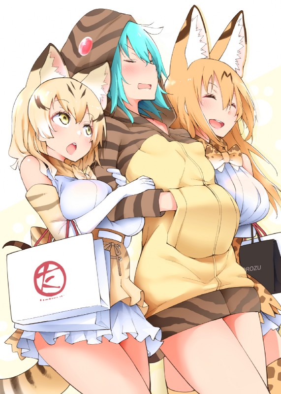 arm_grab armwear bag bare_shoulders big_breasts biped blonde_hair blue_hair blush bottomwear bow_(feature) bow_tie breast_size_difference breasts brown_clothing brown_hair brown_spots brown_stripes brown_tail clothed clothing dipstick_ears dress_shirt dutch_angle ear_markings elbow_gloves eyes_closed female frown gloves group hair hand_in_pocket handwear happy holding_object hoodie hug human_and_animal_ears inner_ear_fluff legwear light_body light_skin long_hair long_tail markings medium_breasts multi_ear multicolored_ears multicolored_hair open_frown open_mouth open_smile orange_hair orange_tail pattern_clothing pockets shirt shopping shopping_bag short_hair side_by_side simple_background skirt slice_of_life small_breasts smile spots spotted_clothing standing striped_clothing striped_hair striped_markings striped_tail stripes tail tail_markings tan_body tan_skin thigh_highs topwear tuft two_tone_hair two_tone_tail walking white_clothing yellow_background yellow_clothing yellow_eyes hayashi_kenji kemono_friends sand_cat_(kemono_friends) serval-chan tsuchinoko_(kemono_friends) animal_humanoid felid felid_humanoid feline feline_humanoid humanoid mammal mammal_humanoid reptile reptile_humanoid sand_cat_humanoid scalie scalie_humanoid serval_humanoid snake_humanoid 2018 digital_drawing_(artwork) digital_media_(artwork) hi_res portrait tan_theme three-quarter_portrait