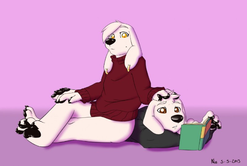 anthro book bottomless clothed clothing duo ear_piercing looking_down male pawpads paws piercing reading rubbing sweater topwear turtleneck konicoon family_guy brian_griffin jasper_(family_guy) canid canine canis domestic_dog mammal cousins_(lore)