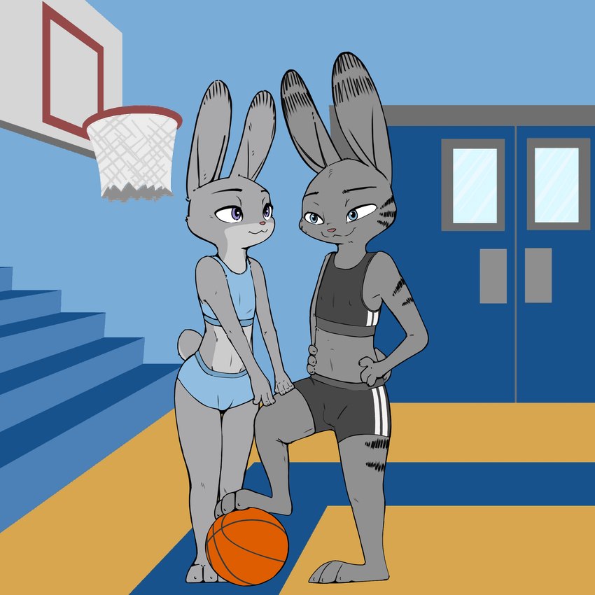 anthro athletic_wear ball bottomwear clothed clothing duo female gym male shorts judyhopps44 kitsune2000 disney zootopia jack_savage judy_hopps lagomorph leporid mammal rabbit 1:1 absurd_res hi_res