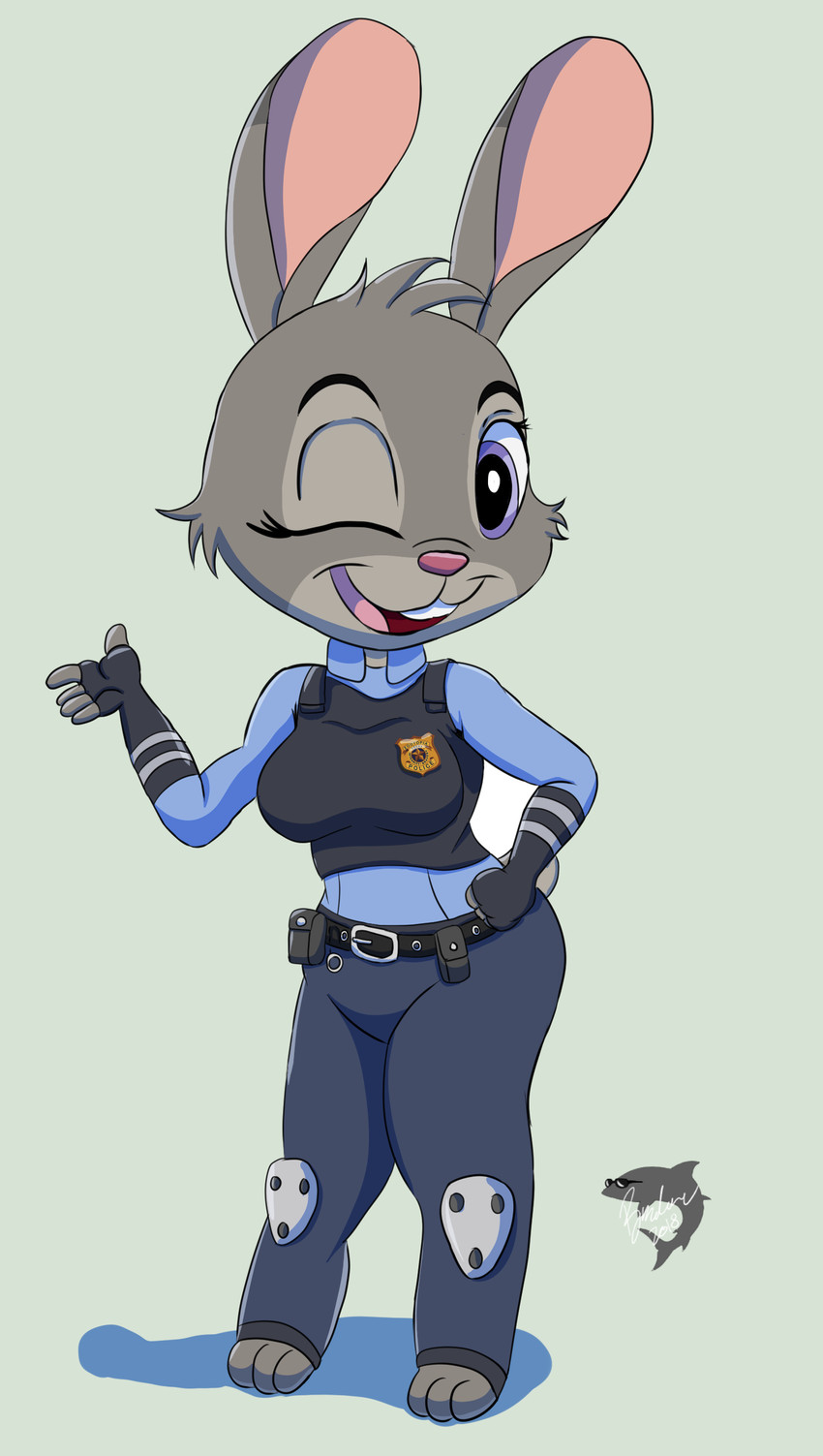 anthro breasts buckteeth cheek_tuft clothed clothing facial_tuft female fully_clothed fur grey_body grey_fur one_eye_closed open_mouth open_smile purple_eyes simple_background smile solo teeth tuft wink thebmeister disney zootopia judy_hopps lagomorph leporid mammal rabbit 2018 absurd_res hi_res