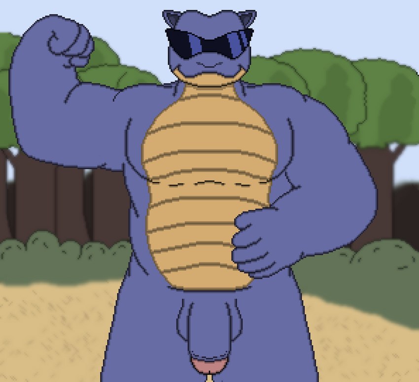 anthro big_pecs big_penis blue_body blue_skin eyewear flexing flexing_bicep flexing_muscles forest genitals hand_on_belly male muscular muscular_male nude pecs penis plant shell-less slightly_chubby slightly_chubby_anthro slightly_chubby_male smile solo sunglasses tree toridiaz nintendo pokemon blastoise generation_1_pokemon humanoid pokemon_(species) digital_media_(artwork) hi_res pixel_(artwork)