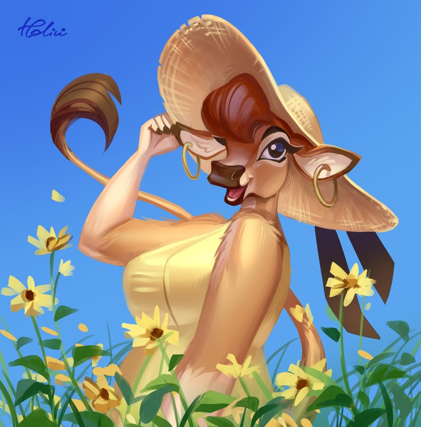 anthro arm_tuft big_breasts breasts clothed clothing dress ear_piercing ear_ring eyebrows eyelashes female flower hair hat headgear headwear looking_at_viewer open_mouth petals piercing plant ring_piercing shoulder_tuft solo sun_hat tuft holivi jacqueline_(nicnak044) bovid bovine cattle jersey_cattle mammal 2021 absurd_res hi_res