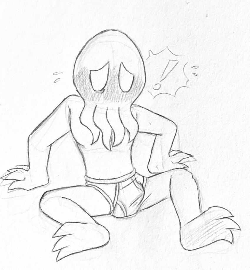 anthro barefoot blush bodily_fluids briefs briefs_only bulge clothed clothing embarrassed exclamation_point feet male simple_background sitting solo sweat tentacles tighty_whities topless underwear underwear_only white_background white_briefs white_clothing white_underwear pretzelgremlin black_and_white hi_res monochrome sketch