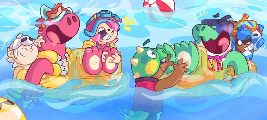 anthro banned clothing duo feet floatie food hot_dog inflatable leon_(brawl_stars) lifeguard male male/male paws pool restraints stocks swimring swimwear tickling weiner dollytraiter07 brawl_stars supercell_(company) buzz_(brawl_stars) doug_(brawl_stars) nita_(brawl_stars) dinosaur prehistoric_species reptile scalie hi_res