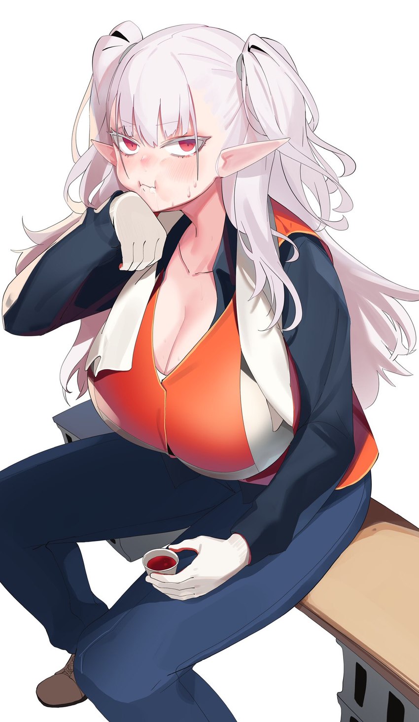 big_breasts breasts cleavage clothed clothing female hair huge_breasts humanoid_pointy_ears not_furry pointy_ears red_eyes solo white_hair jam_(nandade) elf humanoid hi_res