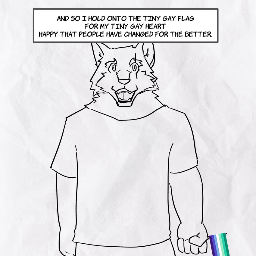 anthro athletic athletic_anthro athletic_male biped clothing eye_scar facial_scar fur lgbt_pride looking_at_viewer male open_mouth pride_colors scar shirt solo standing text topwear vincian_pride_colors white_body white_fur fenrirwolfen canid canine canis mammal wolf 1:1 2024 english_text hi_res