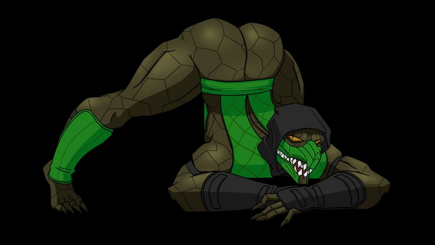 4_toes 5_fingers anthro armor armwear ass_up barefoot bedroom_eyes biceps big_muscles big_teeth butt claws clothed clothing feet fingers full_body_view green_body green_scales green_skin hoodie jack-o'_pose looking_at_viewer lying male mask muscular muscular_anthro muscular_male narrowed_eyes orange_sclera pose scales seductive sharp_teeth snout solo spread_legs spreading teeth toe_claws toes topwear bk_hat sonichaxd mortal_kombat reptile_(mortal_kombat) lizard monster reptile saurian_(mortal_kombat) scalie 16:9 alpha_channel full-length_portrait hi_res portrait widescreen