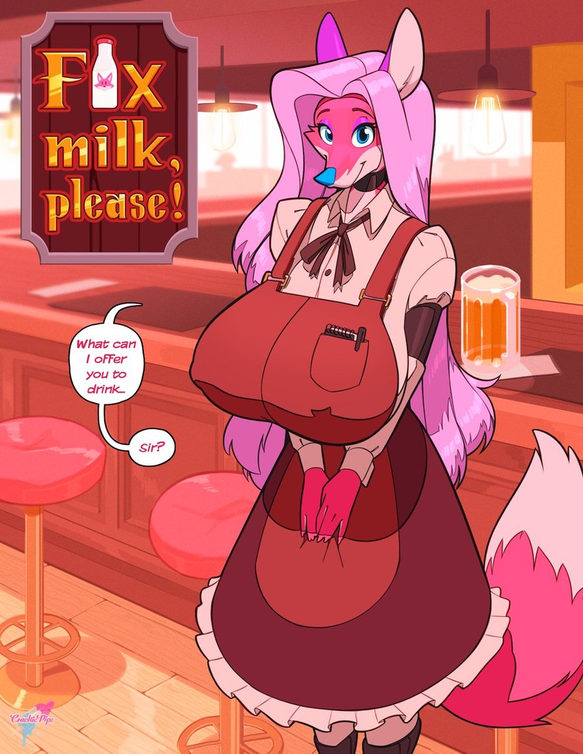 alcohol anthro beer beer_mug beverage big_breasts blue_nose bow_tie breasts clothed clothing collar female food fur furniture hair huge_breasts long_hair looking_at_viewer note_pad pink_body pink_hair sign smile solo speech_bubble standing stool text text_on_sign topwear waiter crackiepipe denisse canid canine fox mammal digital_media_(artwork) english_text hi_res