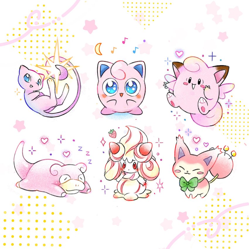 ambiguous_gender anthro blue_eyes blush bow_tie claws crescent_moon eyes_closed feral food fruit fur hair heart_symbol moon musical_note musical_symbol open_mouth pawpads paws pink_body pink_fur pink_hair plant red_eyes sleeping solo sparkles star_symbol strawberry symbol tail wings carrut nintendo pokemon alcremie clefairy felid feline food_creature generation_1_pokemon generation_3_pokemon generation_8_pokemon jigglypuff legendary_pokemon mammal mew_(pokemon) pokemon_(species) skitty slowpoke strawberry_sweet_alcremie vanilla_cream_alcremie 1:1 2024 hi_res