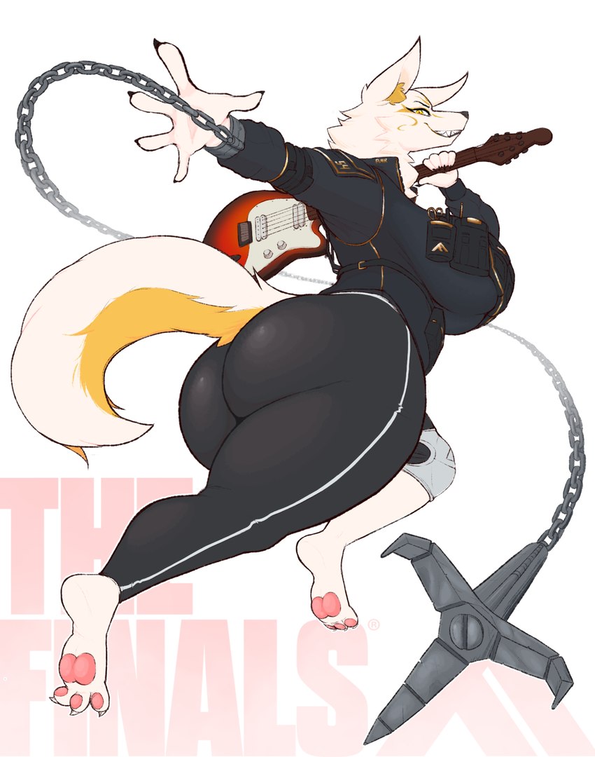 anthro big_breasts big_butt breasts butt clothed clothing female fur grappling_hook guitar huge_butt musical_instrument plucked_string_instrument simple_background smile solo string_instrument tail text thick_thighs doxxyl the_finals kukkyo_(absoflak) animal_humanoid canid canid_humanoid canine canine_humanoid fox fox_humanoid humanoid mammal mammal_humanoid digital_media_(artwork) hi_res