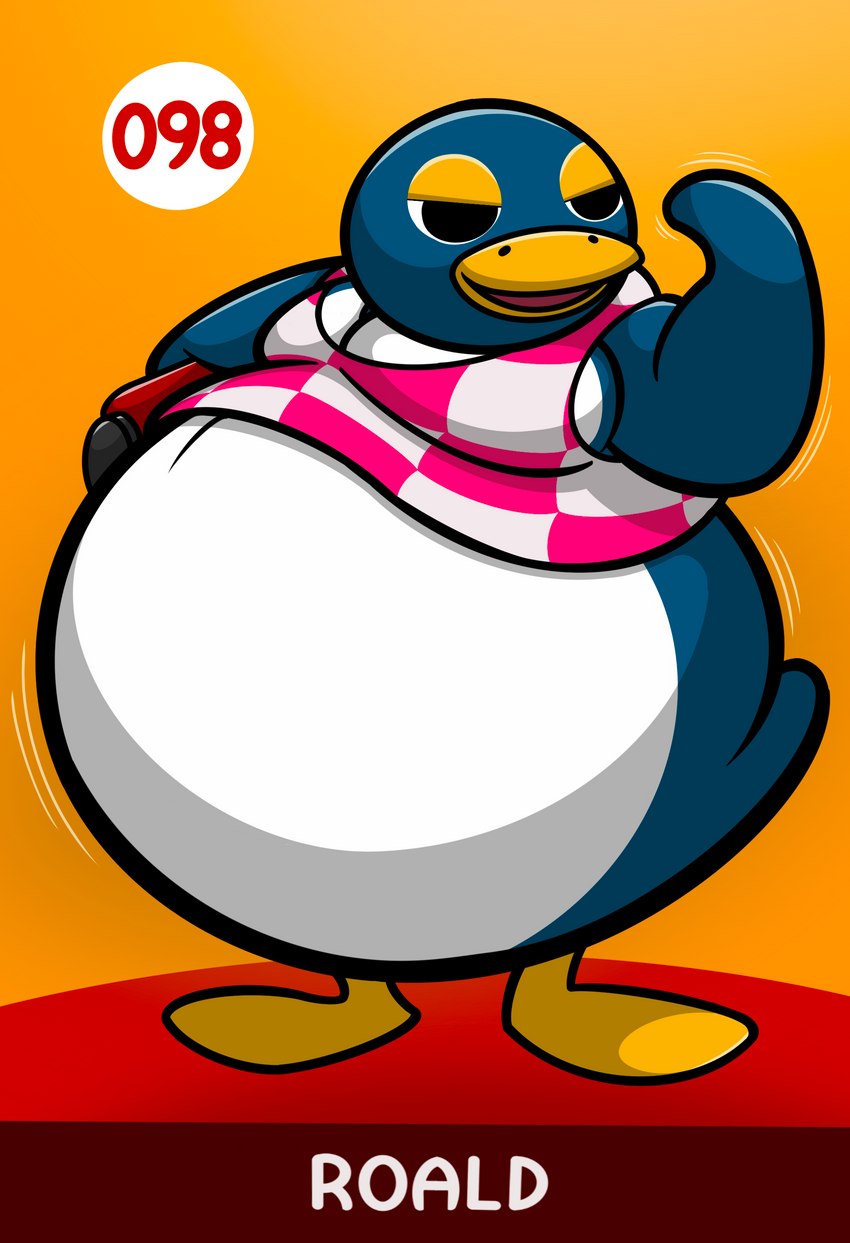 anthro belly big_belly bottomless bottomless_anthro bottomless_male clothed clothing half-closed_eyes male narrowed_eyes number obese obese_anthro obese_male open_mouth overweight overweight_anthro overweight_male raised_arm shirt smile solo standing tank_top text topwear sewergator animal_crossing nintendo roald_(animal_crossing) avian bird penguin 2022 absurd_res hi_res