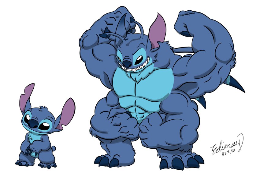 4_arms 4_fingers 4_pecs 4_toes abs antennae_(anatomy) anthro back_spines biceps big_muscles biped black_eyes blue_body blue_claws blue_fur blue_nose chest_tuft claws dipstick_antennae ear_markings featureless_chest feet finger_claws fingers flexing fur grin head_tilt head_tuft male multi_arm multi_limb multi_pecs multicolored_antennae muscular notched_ear pecs sharp_teeth simple_background small_tail smile solo standing tail teeth toe_claws toes tuft white_background edimay disney lilo_and_stitch stitch_(lilo_and_stitch) alien experiment_(lilo_and_stitch) 2021 cel_shading dated digital_drawing_(artwork) digital_media_(artwork) shaded signature