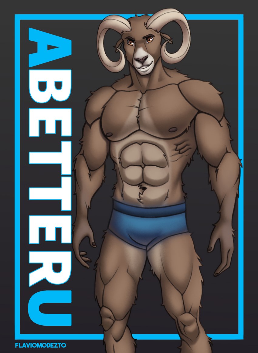 abs anthro belly_tuft biceps bovid_horn brown_body brown_fur bulge caprine_horn clothing fur horn looking_at_viewer male mostly_nude muscular muscular_anthro muscular_male nipples pecs ram_horn smile smiling_at_viewer solo standing text tuft underwear flaviomodezto saints_row toby_sansom_(li'l_melon) bovid caprine mammal sheep absurd_res english_text hi_res