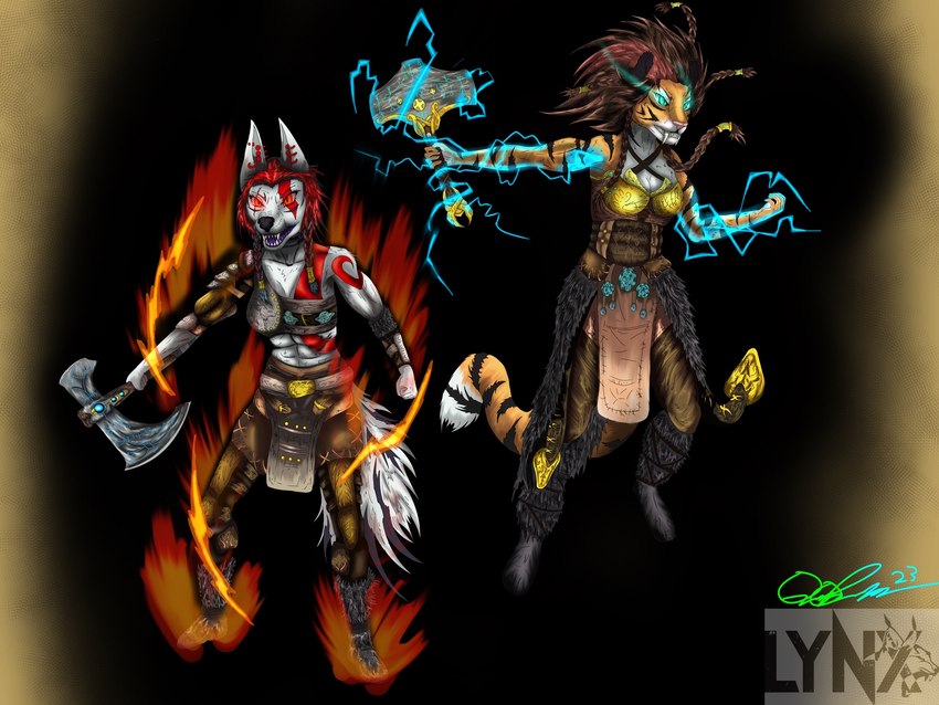 abs angry anthro armor axe battle battle_axe braided_hair breasts brown_hair cleavage clothed clothing duo ear_piercing ear_ring electricity electricity_manipulation elemental_manipulation eye_mist female fighting_pose fluffy fluffy_tail fur gauged_ear glowing glowing_eyes gold_(metal) gold_jewelry green_eyes hair holding_melee_weapon holding_object holding_weapon jewelry lightning markings melee_weapon midriff mjolnir muscular muscular_female orange_body orange_fur piercing pose red_eyes red_hair ring_piercing simple_background striped_body striped_fur stripes tail teeth weapon lynxdts god_of_war god_of_war_ragnarok mythology sony_corporation sony_interactive_entertainment alex_marx lorelei_(lynxdts) canid canine canis dragon felid feline hybrid mammal mythological_creature mythological_scalie pantherine scalie tiger wagon(species) wolf 4:3 digital_media_(artwork) hi_res